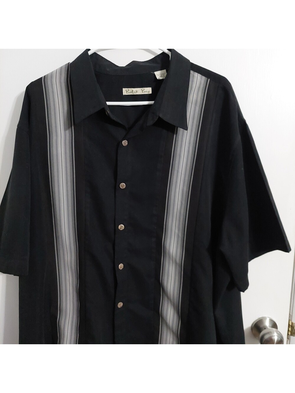 Batik Bay Men's Black Short Sleeve Button-Up Shirt with Vertical Stripes, Size 3
